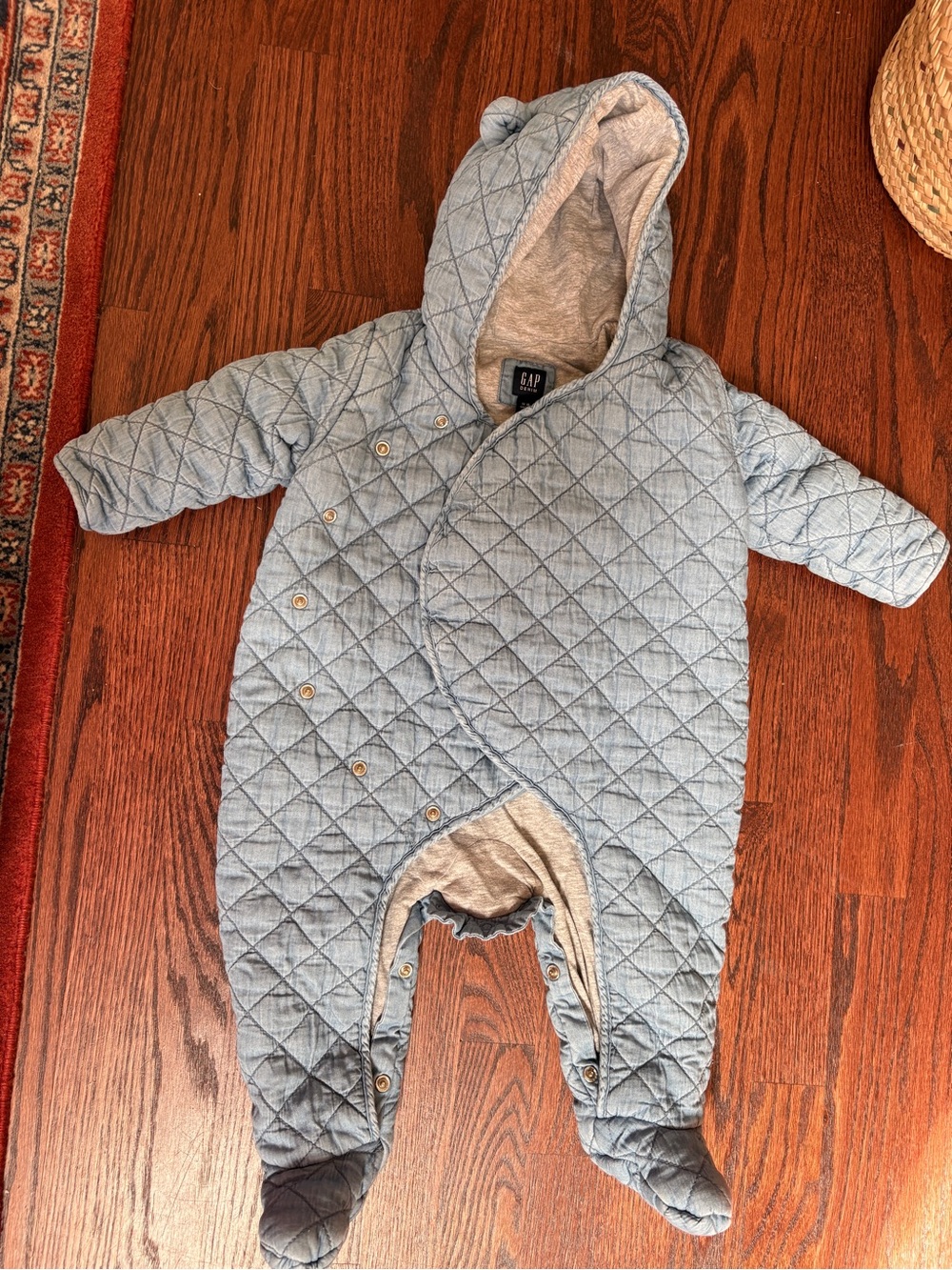 GAP Baby Quilted Light Blue and Gray Hooded Snowsuit
